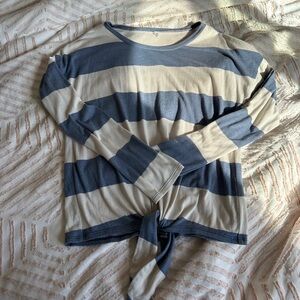 Striped Blue & Cream Tie-Front Long Sleeve Top